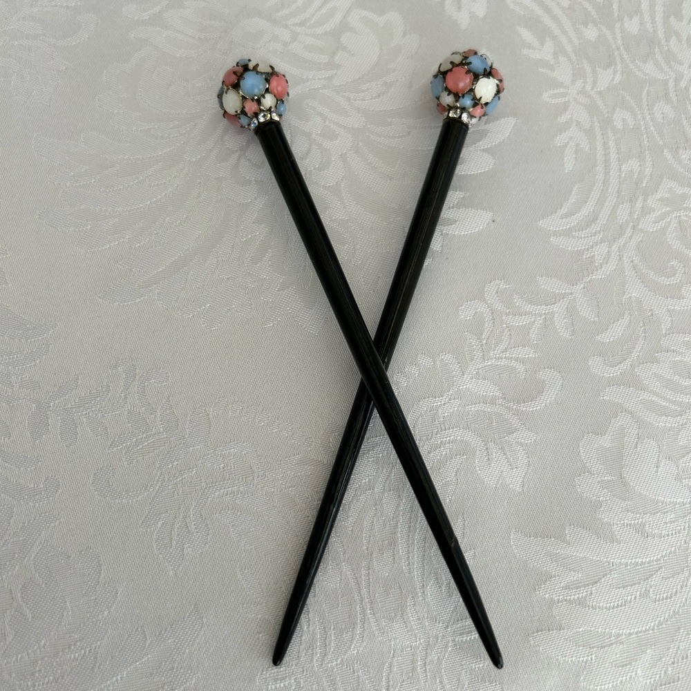 Vintage 50’s Elegant Black Hair Sticks with Rhinestone Accents